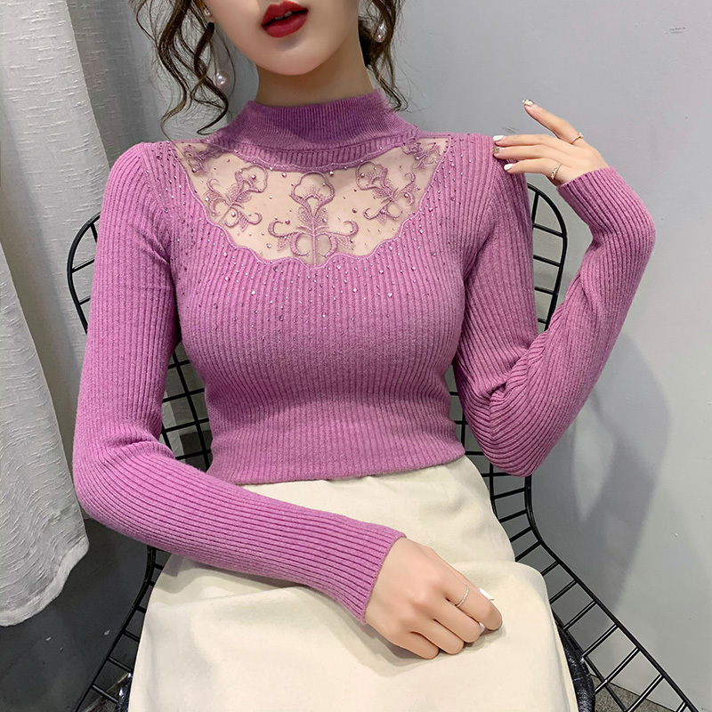 Women's Knitwear Solid Long Sleeve Bottoming Shirts Autumn and Winter Women Half-turtleneck Lace Hollow Pullover 11565 210427
