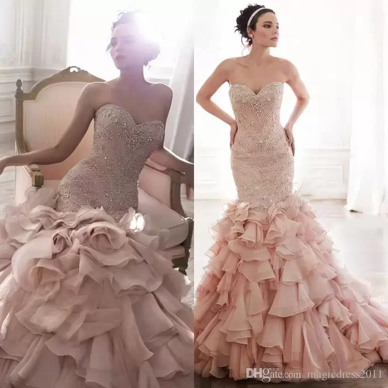 Wedding Mermaid Dresses Bridal Gown Blush Pink Ruffles Sweetheart Necke Beaded Crystals Sequins Lace Applique Custom Made Plus Size Vestidos
