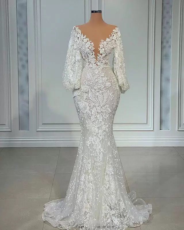 Wedding 2022 Gorgeous Dresses Mermaid Bridal Gown Long Poet Sleeves Sheer Neck Lace Applique Arabic Custom Made Plus Size Vestido De Novia 403 0219