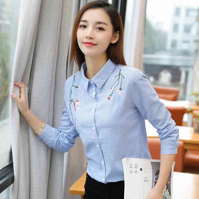 fashion stripe office lady shirt women blouse long sleeve embroidery tops plus size 's clothing blusas D853 30 210506
