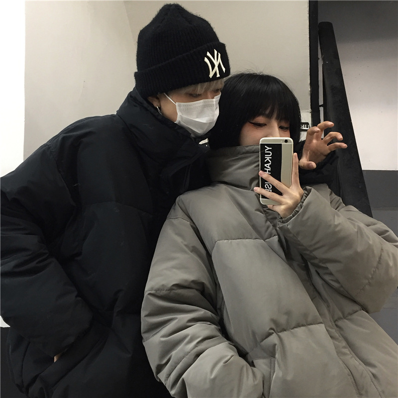 Winter Coat Korean Ins Harajuku Student Solid Color Thickened Loose High Collar Cotton Padded Jacket Men and Women Fashion 210422