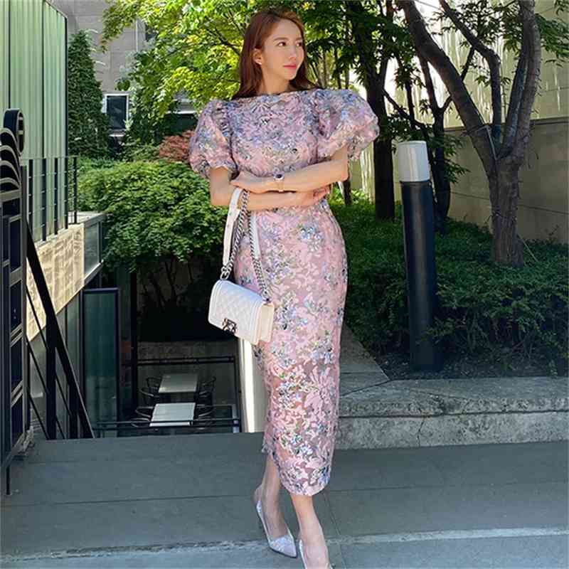 Women Summer Elegant Puff Sleeve Dress Female Fashion Office Lady Robe Femme Vintage Lace Flowers Embroidery Slim Pencil 210519