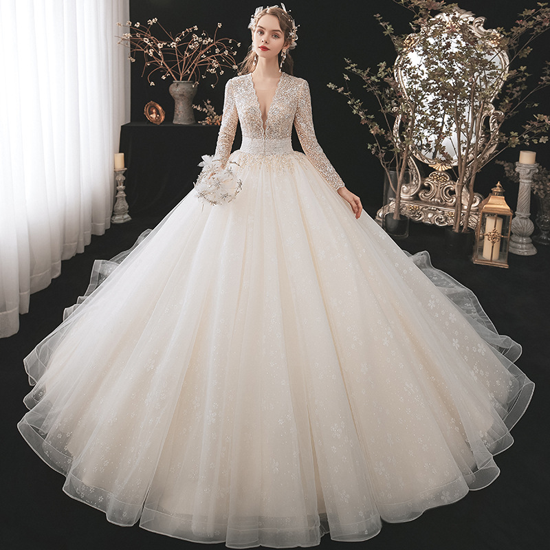 2025 Luxury Muslim Wedding Dresses deep V-Neck Lace Long Sleeves Sparkling Sequins Beads Appliqued Wedding Dress With Veil Custom Made Vestidos De Nov