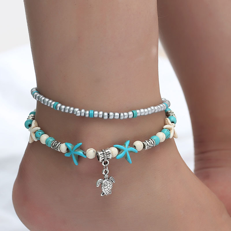 Bohemian Starfish Beads Stone Anklets for Women BOHO Silver Color anklet Chain Bracelet on Leg Beach Ankle Jewelry Gifts