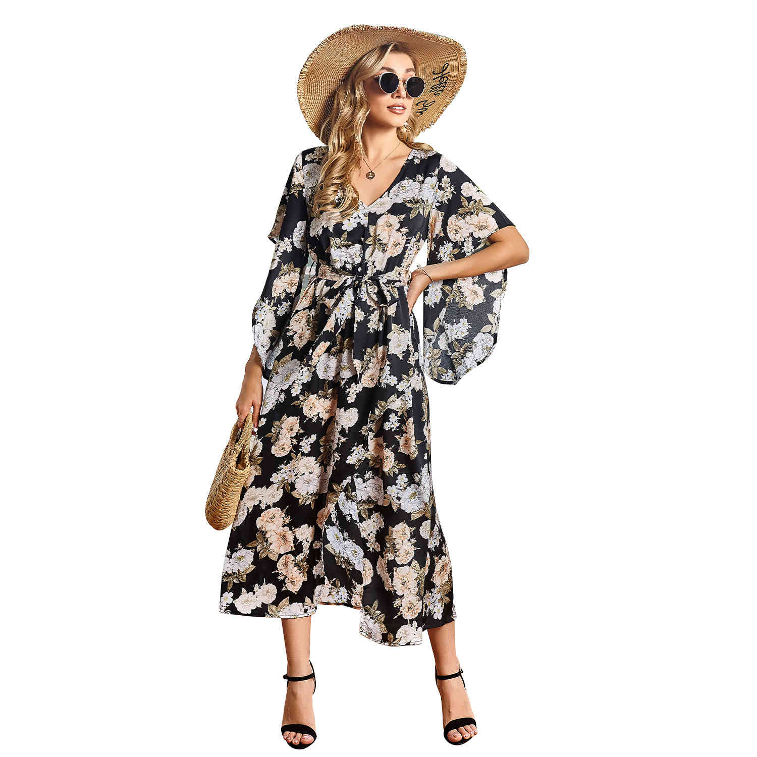 Bohemian floral Print long Dresses Women Summer Cross V-neck Sashes Mid-Calf Dress Lady short Sleeve chiffon Female 210524