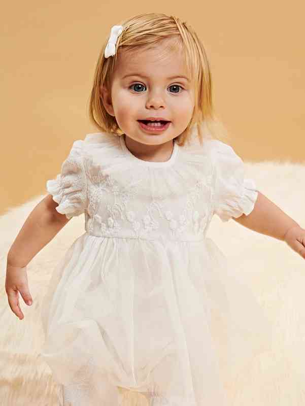 Baby Floral Embroidered Puff Sleeve Ruffle Trim Contrast Mesh Romper SHE