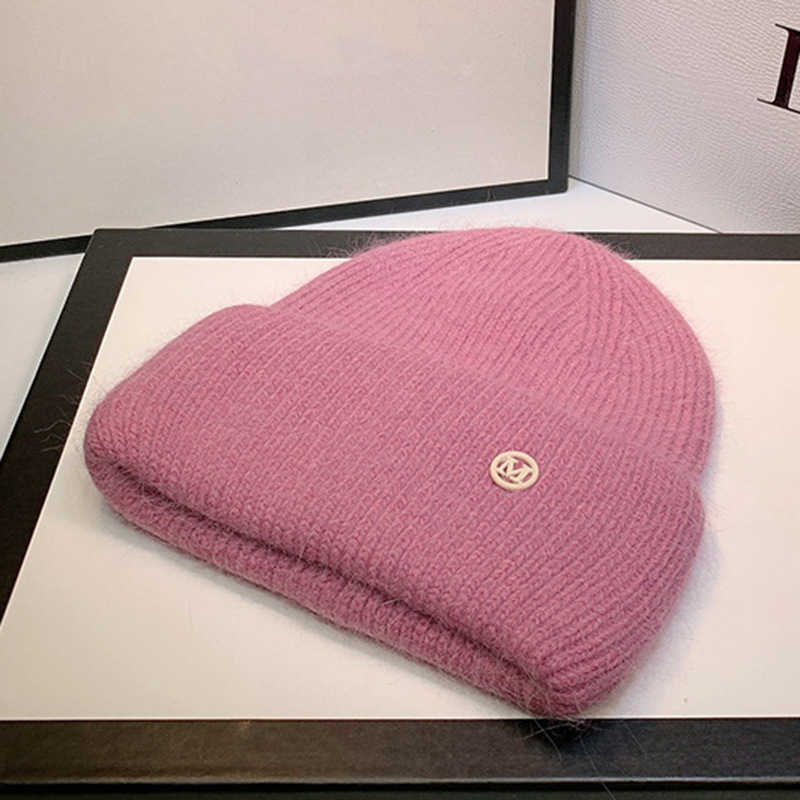 USPOP Women's Hats Winter Thick Warm Knitted Hats Solid Color Letter M Soft Rabbit Hair Skullies Beanies 211012