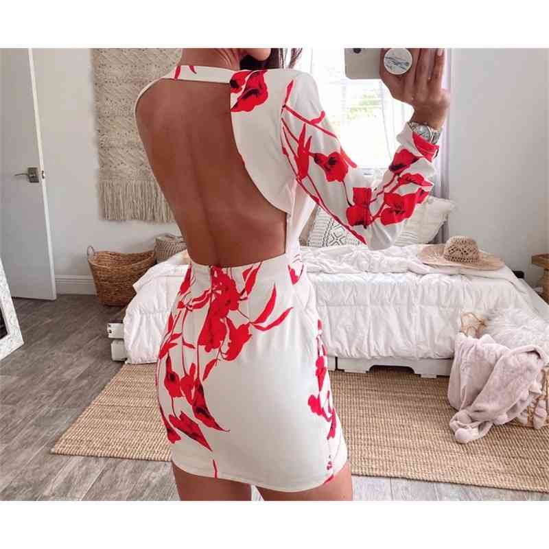 Women Dress Deep V Neck Bohemia es Sexy Mini Print Floral Maxi Long Sleeve Backless Hollow Out es 210513