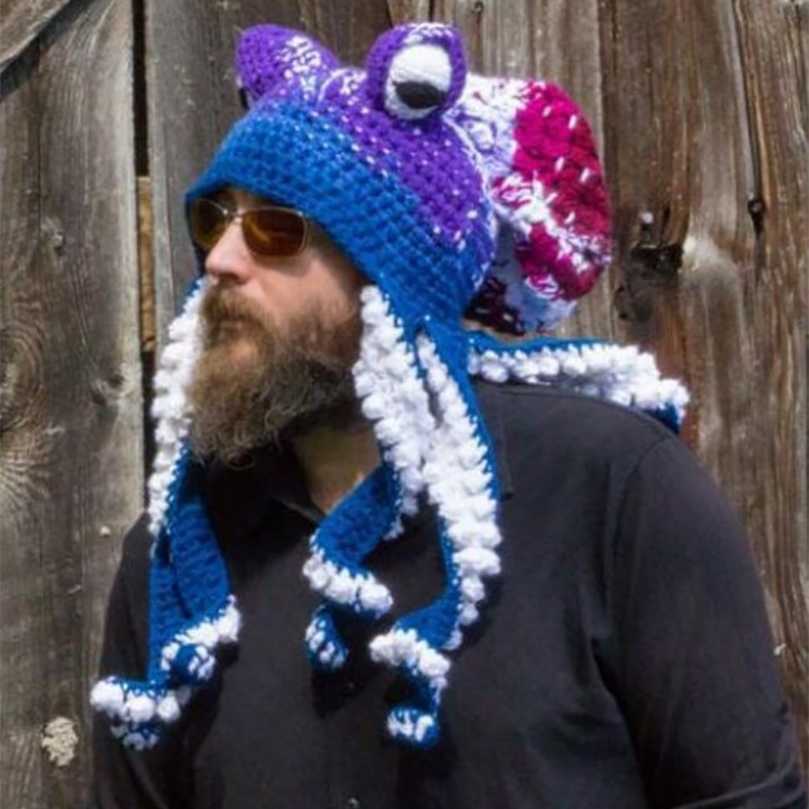 

Octopus Beard Hand Weave Knit Wool Hats Men Christmas Cosplay Party Funny Tricky Headgear Winter Warm Couples Beanies Cap 211231