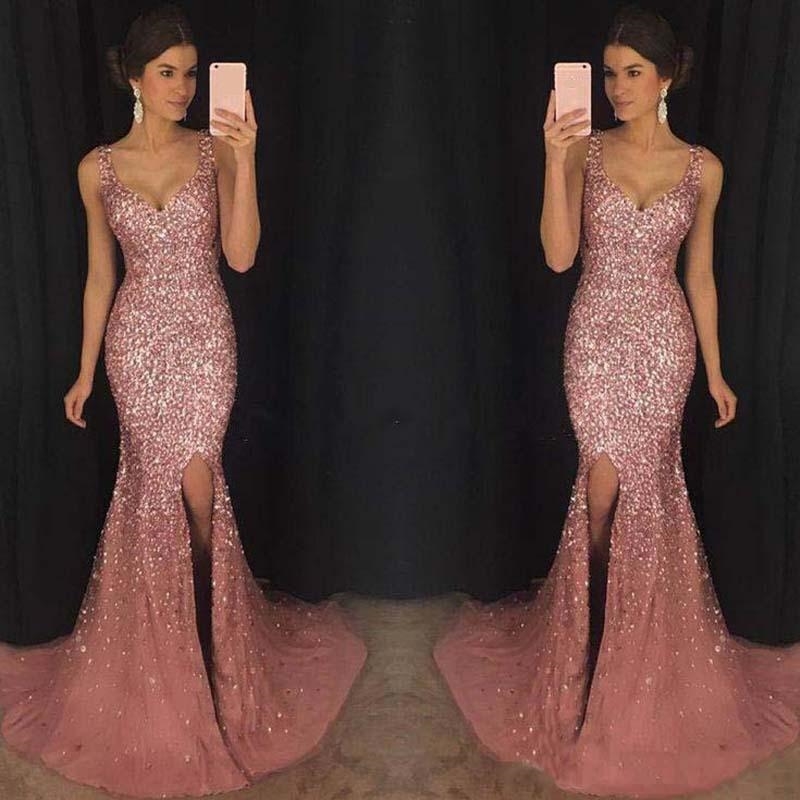 Women Dress Deep V Neck Sleeveless Sequin Party Dresses Slim High Waist Split Spaghetti Strap Maxi Plus Size 210524