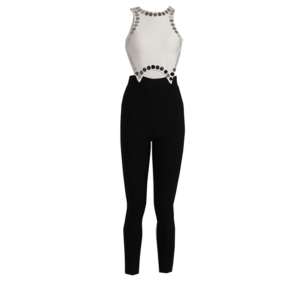 Women'S Bandage Jumpsuit Celebrity Party Sexy Bodycon Black And White Stitching Sequins Sleeveless 210525