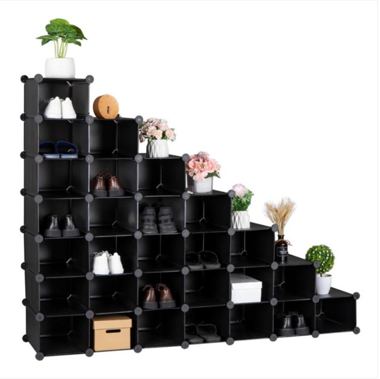 2022 Boxes & Bins 7-Tier Shoe Rack Space Saving 28-Pair Plastic Units Cabinet Storage Organizer Ideal for Entryway Hallway Bathroom Living Room Black