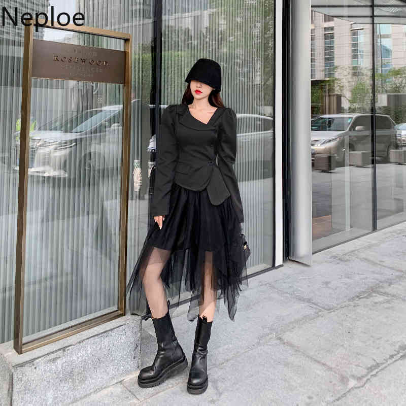Neploe Two Piece Set Women Fashion Irregular Skew Collar Puff Sleeve Tops Jacket Black Gauze Skirt Temperament Harajuku Suit 210422