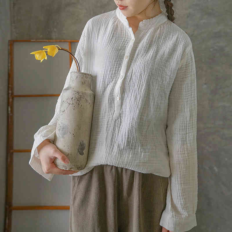 Johnature Women Vintage Cotton Shirts Spring Solid Color Stand Long Sleeve Blouses Soft Button Loose Female Shirts Tops 210521, Old green 
Johnature Women Vintage Cotton Shirts Spring Solid Color Stand Long Sleeve Blouses Soft Button Loose Female Shirts Tops 210521, Old green