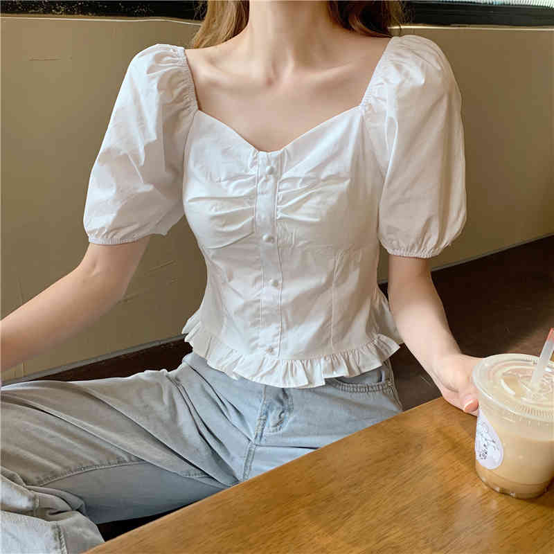 Blouse Women Blue Square Neck Puff Sleeve Crop Tops Short Sweet Fashion Girls Blusas Mujer Japan Style Preppy Solid 210429
