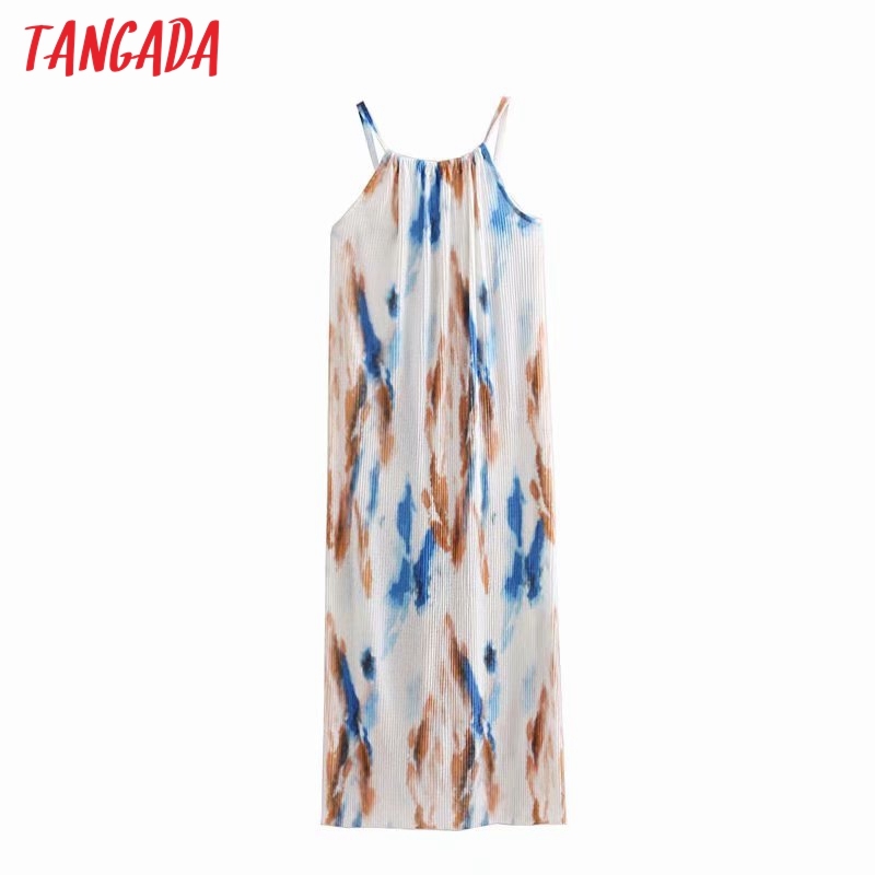 Women Tie Dye Print Summer Strap Sleeveless Ladies Pleated Midi Dress Vestidos 4N27 210416