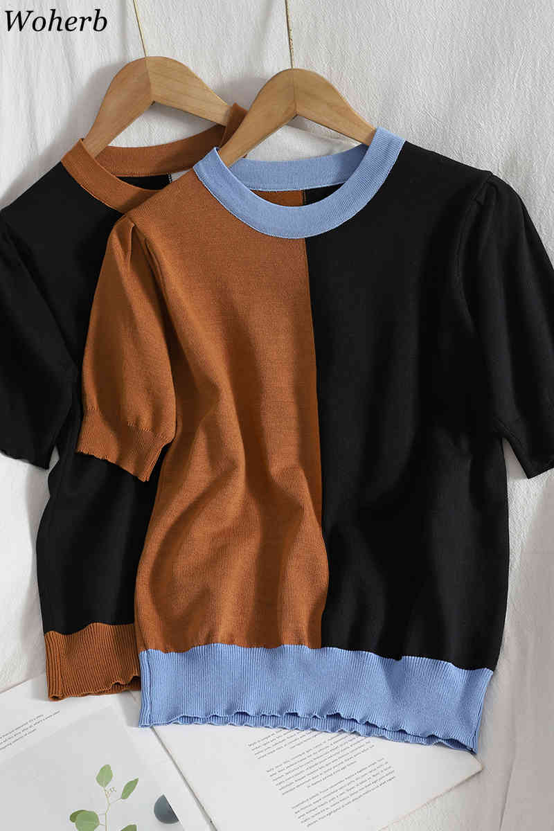Summer Woman Tshirts Fashion Contrast Color Patchwork Shirts Korean Knitted Tees Loose Casual Pullovers Tops Femme 210519