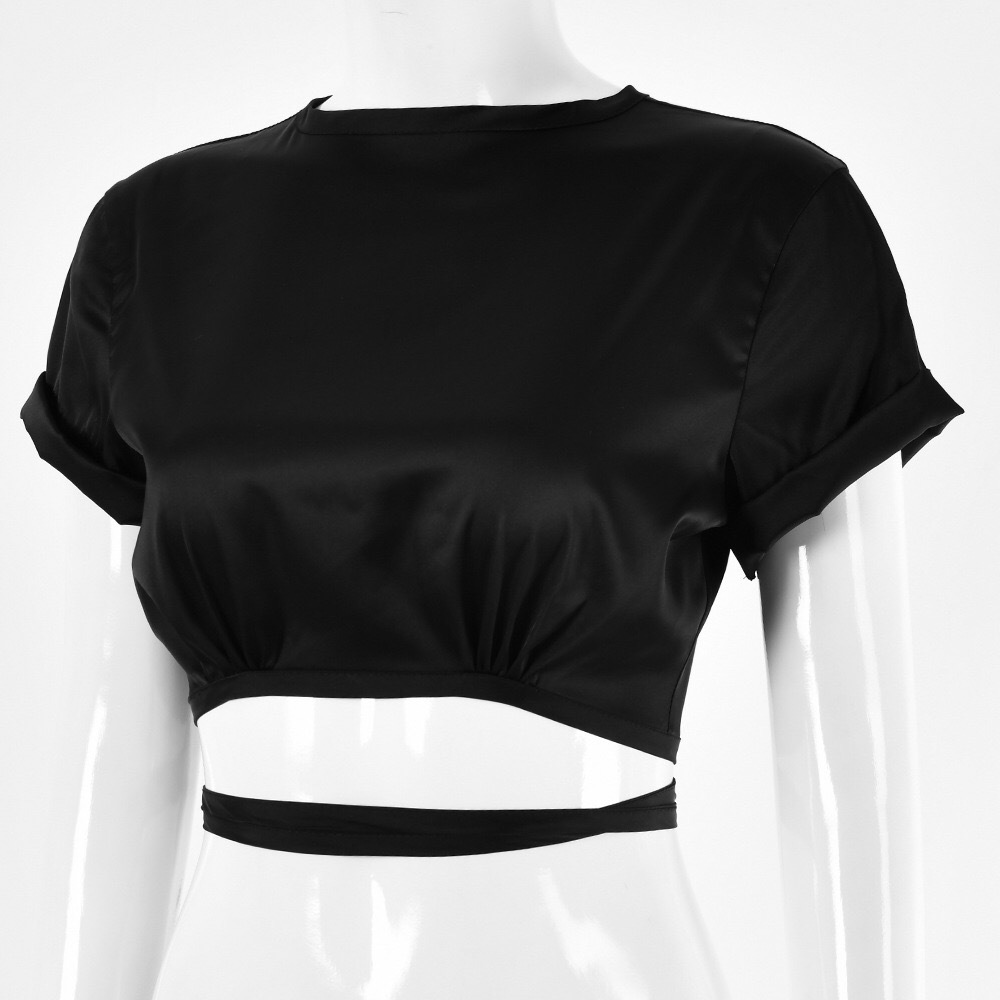 Harajuku Lacing up Bandage Satin T-shirt Woman Short Sleeve Crop Tops Tees Hollow Out Backless T Shirt Y2K Streetwear 210429