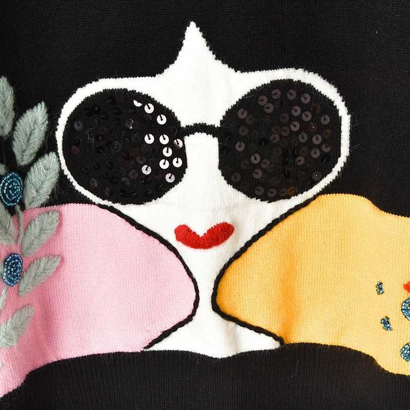 Winter Contrast Striped Sleeve Embroidery Leaves Beaded Sequins Sunglasses Girls Knit Sweater C-177 211018