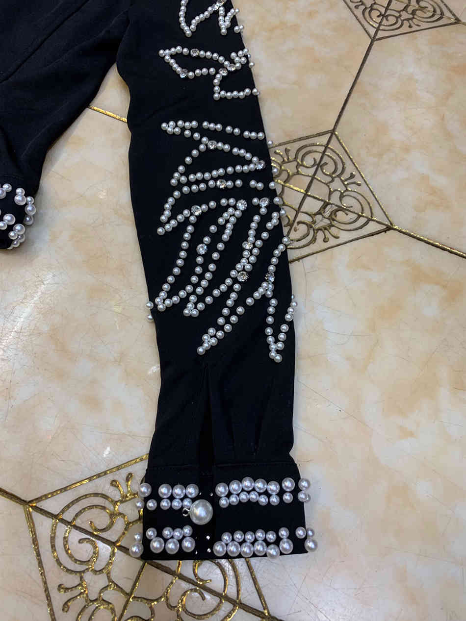 Free Women's Black Bandage Dress Set Elegant Lapel Long Sleeve Pearl Beaded Jacket & Tight Skirt Two-piece 210524