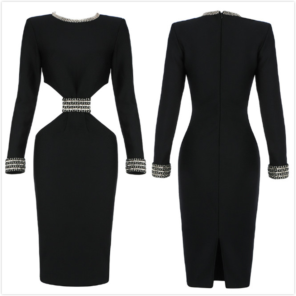 Free Women's Rivet Bandage Dress O-Neck Long Sleeve Waist Hollow Bodycon Knee Length Club Party Vestidos 210524