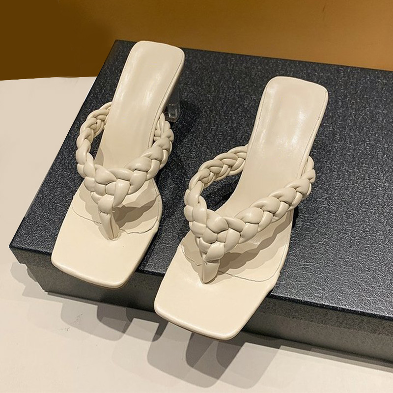 Ladies Fashion High Heels Slippers PU Leather Weave Women Square Toe Slipper Flip Flop Women's Casual Shoes Female 2021 Summer rtyh454w2