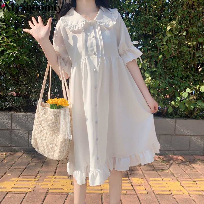 Japanese Lolita Style Summer Women White Dress Peter Pan Collar High Waist Loose Flare Sleeve Chiffon Cute Kawaii es 210623