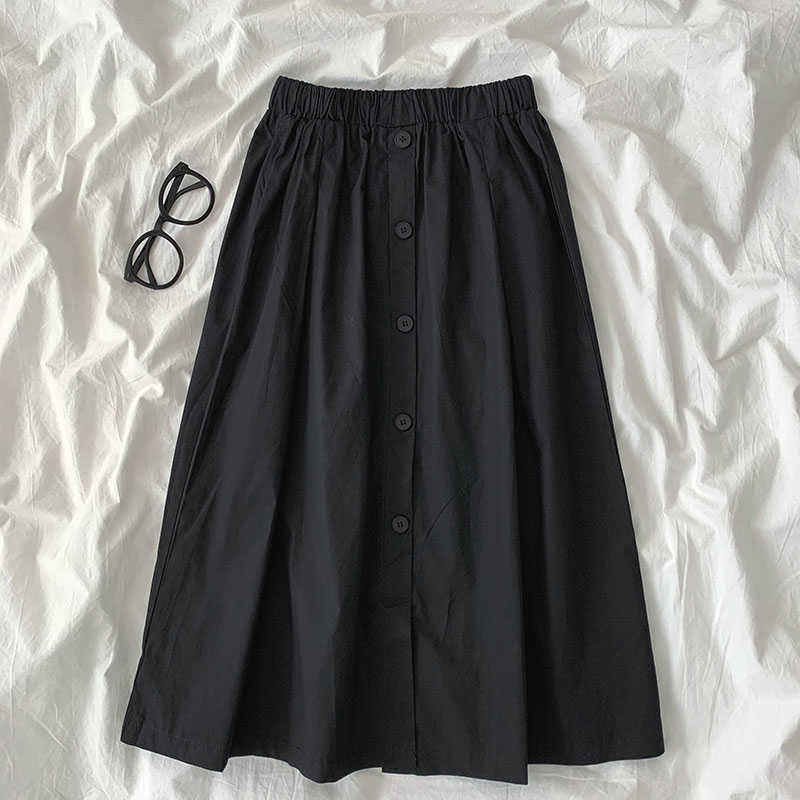 Woman Skirts Korean Buttons A-line Mid-calf Skirt Stretch High Waist Fashion Solid Faldas Mujer Moda 6G828 210603