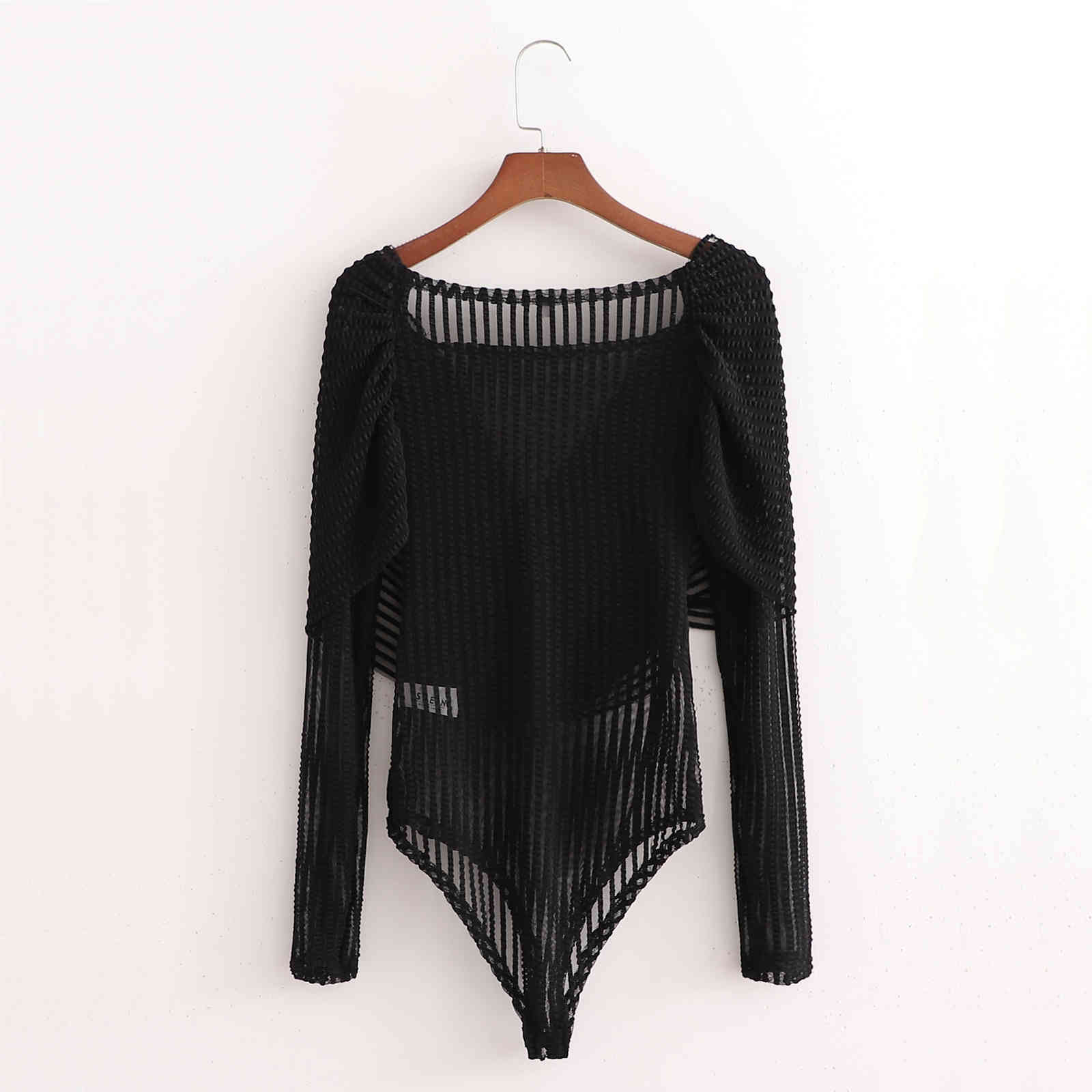 Sexy Women Solid Striped Bodysuit Fashion Ladies Transparent Mesh Playsuits Streetwear Female Chic Cross 210430