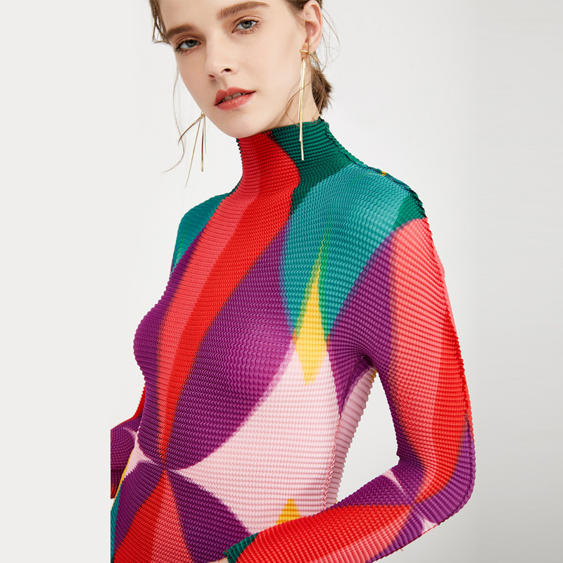 WQJGR Spring and Autumn Womens Tops and Blouses Turtleneck Colorful Graphic Print Folds Womens Shirts 210507