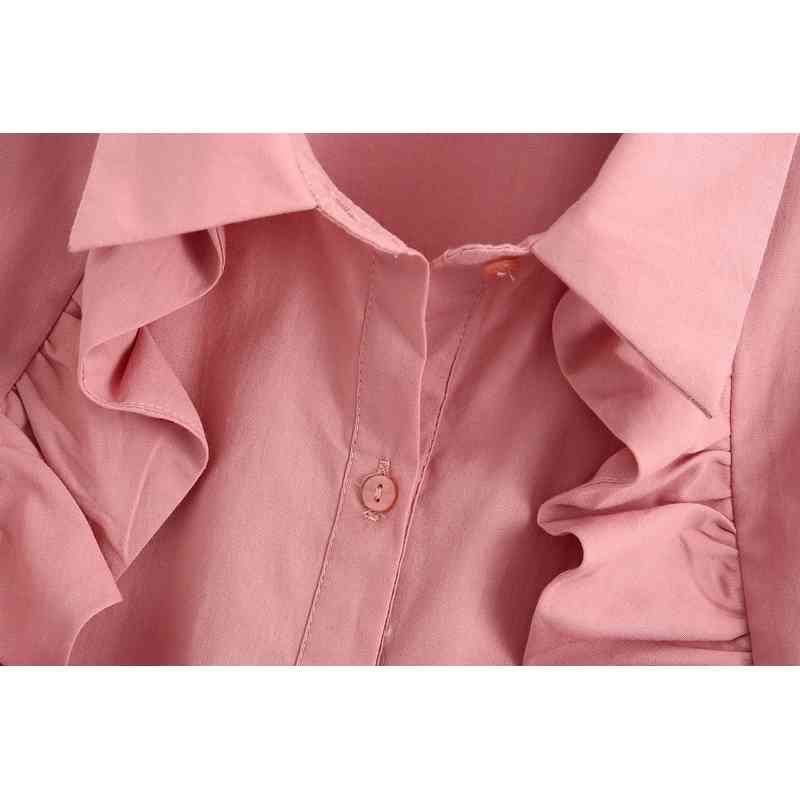 Women Ruffle Shirt Spring Fashion Long Sleeve Soft Poplin Pink Tops Modern Lady Loose Blouse 210602