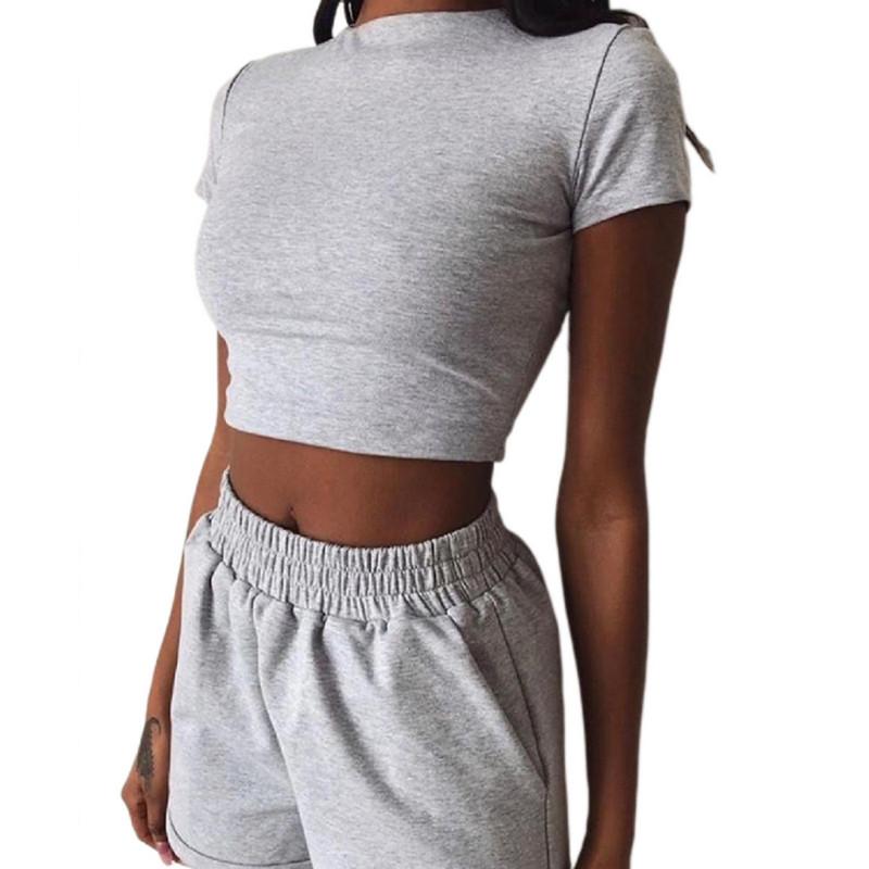 Summer Womens Set Fashion High Neck Short Sleeve Slim Crop Top Shorts Loose Solid Color Gym Sport Suit Shein Plus Size Women's Tracksuits