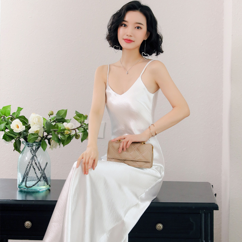 Summer Dress Women Party Sexy Midi White Black Red Long V-neck Casual Korean Satin Silk Dresses 210428