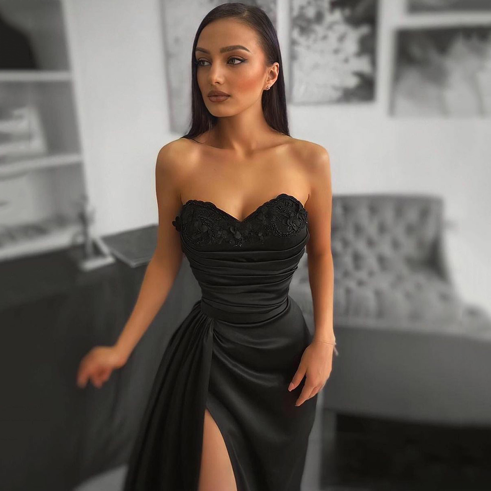 Black Mermaid Satin Evening Dress 2022 Sexy Long Sweetheart High Slit Lace Appliques Prom Formal Gown Celebrity Wear Robe De Soiree Vestidos Fiesta