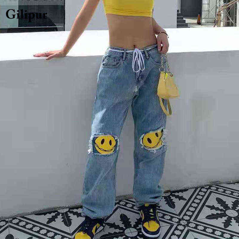 Printed Jeans Women Fashion Mom Baggy Straight Leg Pants Blue Loose Ripped Denim Trousers Long High Waist Streetwear 211129