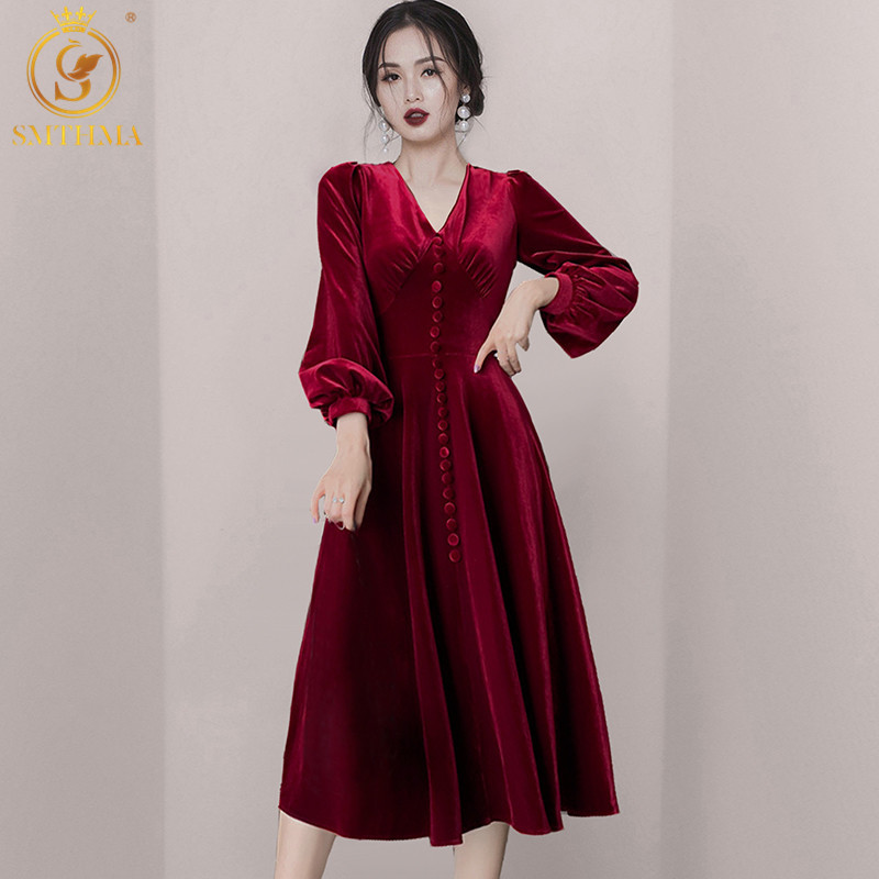 Autumn And Winter Ladies Temperament V-Neck Party Dresses Slim Waist Golden Long Velvet Vestido Da Festa 210520