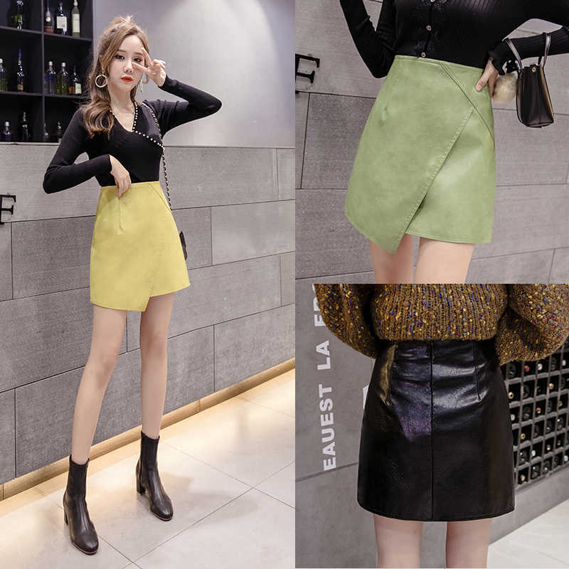 LY VAREY LIN Autumn Winter Women Irregular Wrap PU Leather Skirts High Waist Sheath A-Line Sexy Mini Female 210526