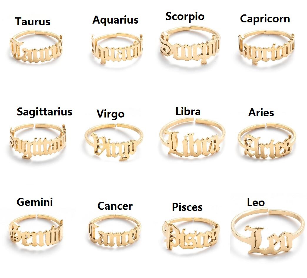 Gold Plated Adjustable Stainless Steel Astrology Zodiac Finger Ring for Gift
