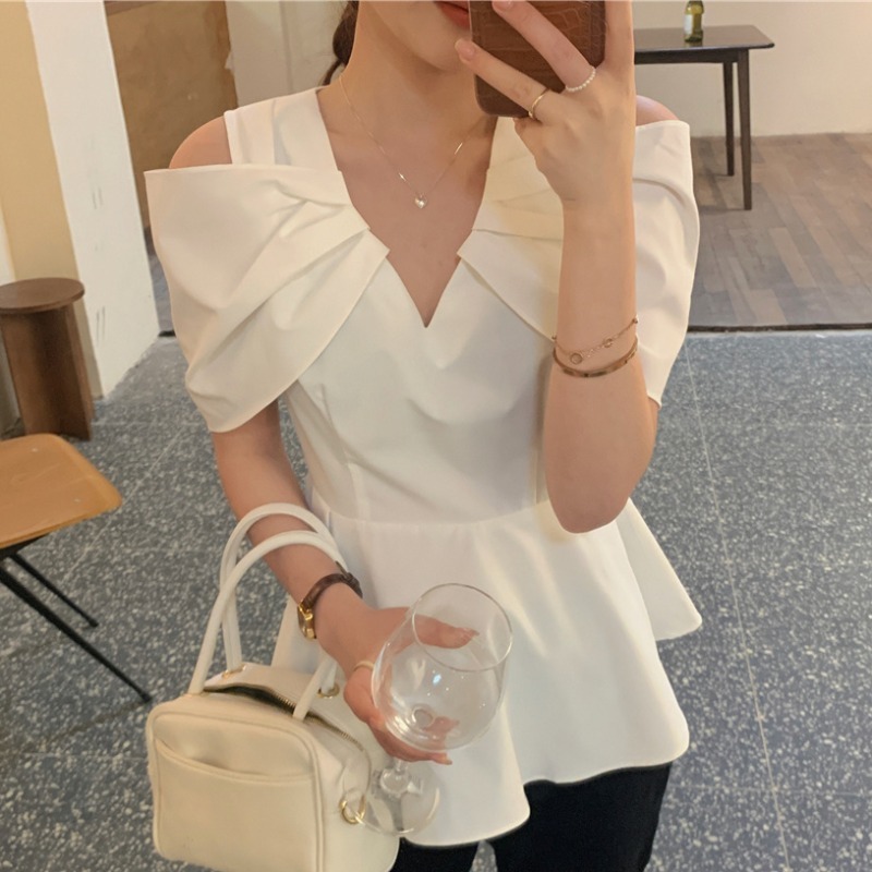 Nomikuma Women Blouse Elegant Slim Waist Ruffle Tops Irregular Pleated Short Sleeve V-neck Shirt New Sexy Strapless Blusas 6H204 210427