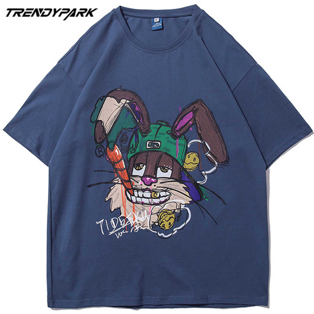 Men's Top Tshirt Summer Short Sleeve Cartoon Rabbit Printed Tee Hip Hop Oversized Cotton Casual Harajuku Streetwear T-shirts 210601