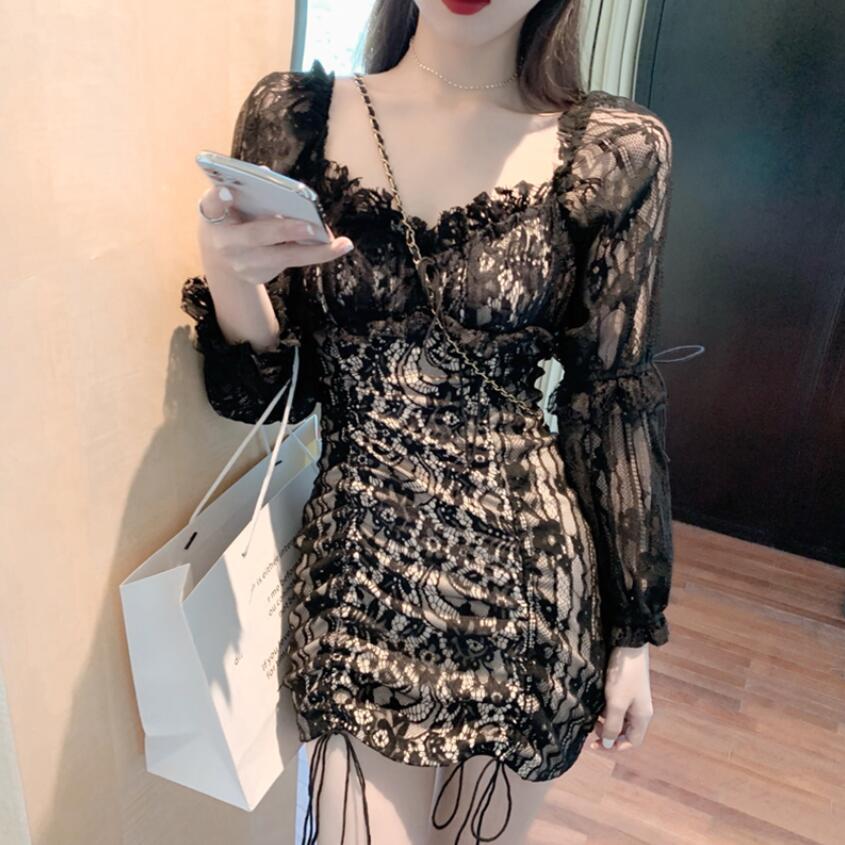 Retro Lacing Up Ruched Package hips Lace Short Dress White Women Sexy Strappy Draped Hem Long Leg sleeve Mesh Mini Dresses 210429