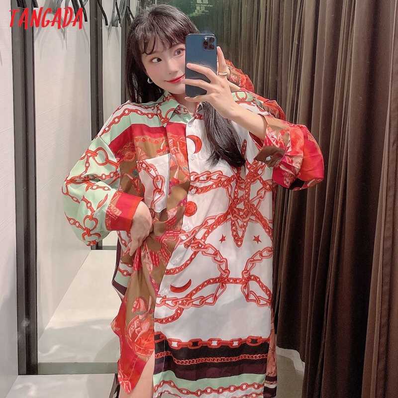 Tangada Women Vintage Chain Patchwork Print Oversize Irregular Blouse Ladies Chic Long Kimono Shirts Tops BE947 210609