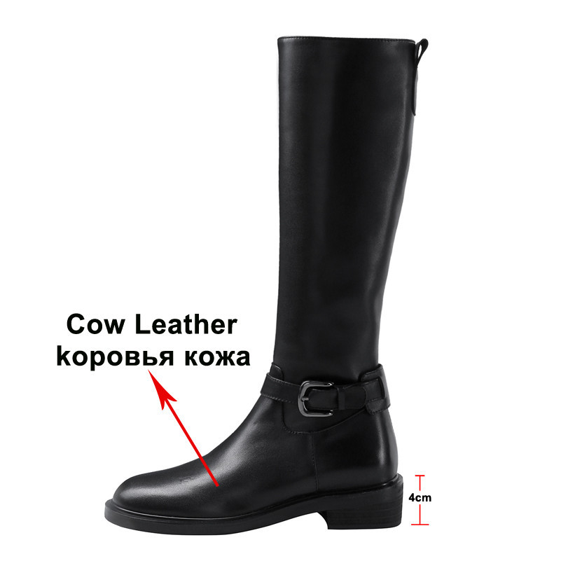 Autumn Riding Boots Women Natural Genuine Leather Zip Square Heel Knee High Buckle Round Toe Shoes Lady Winter 43 210517