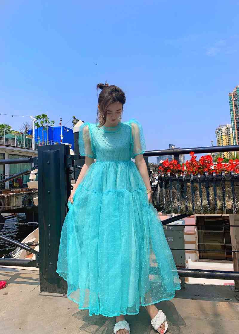 Summer Dress Vintage Women Sweet O-Neck Puff Sleeve Pleated Big Swing Fairy Party es 210519