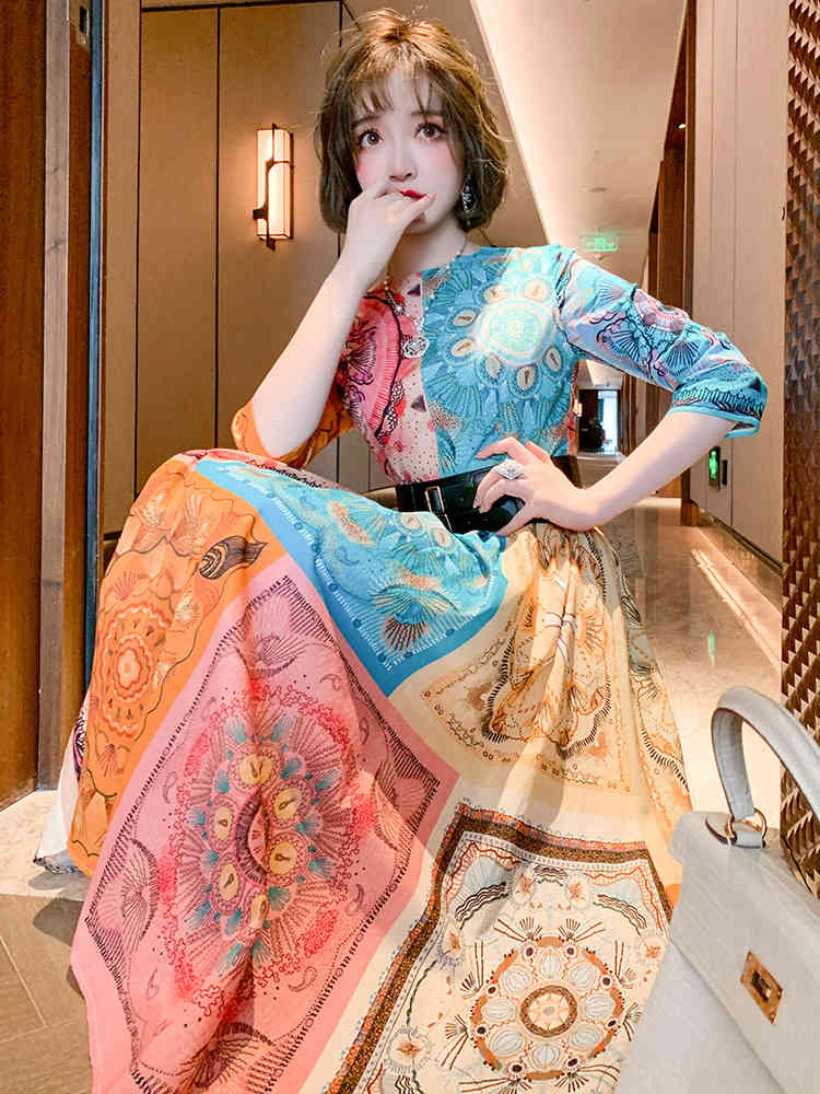 Spring Elegant Fashion Art Print Dresses Vintage Women O-Neck High Waist Casual Big Swing Dress With Belt Vestidos 210519