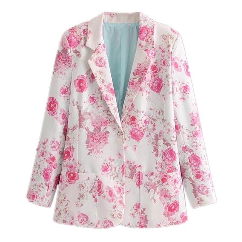 Autumn Pink Flower Print Blazer White Vintage Women Notched Long sleeve one button Loose Suit Back Slit Casual Coat Outwear 210429