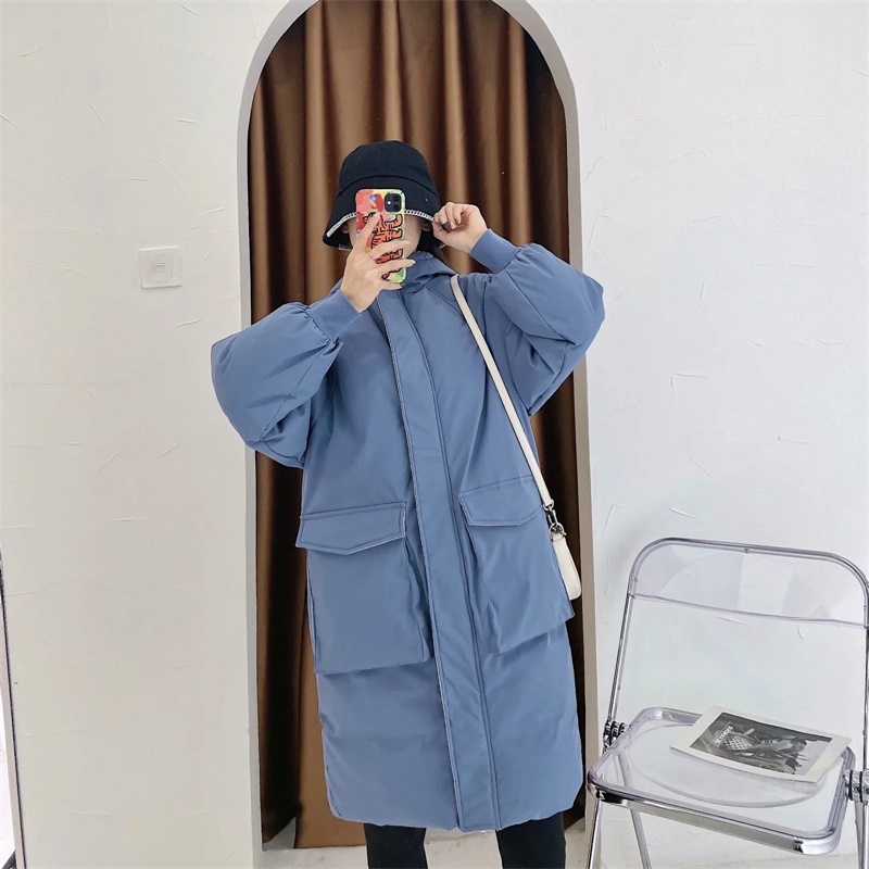 Fashion Straight Slim Big Pocket Hooded Winter Thicken Warm Long Bread Cotton Coat Ladies 210521
