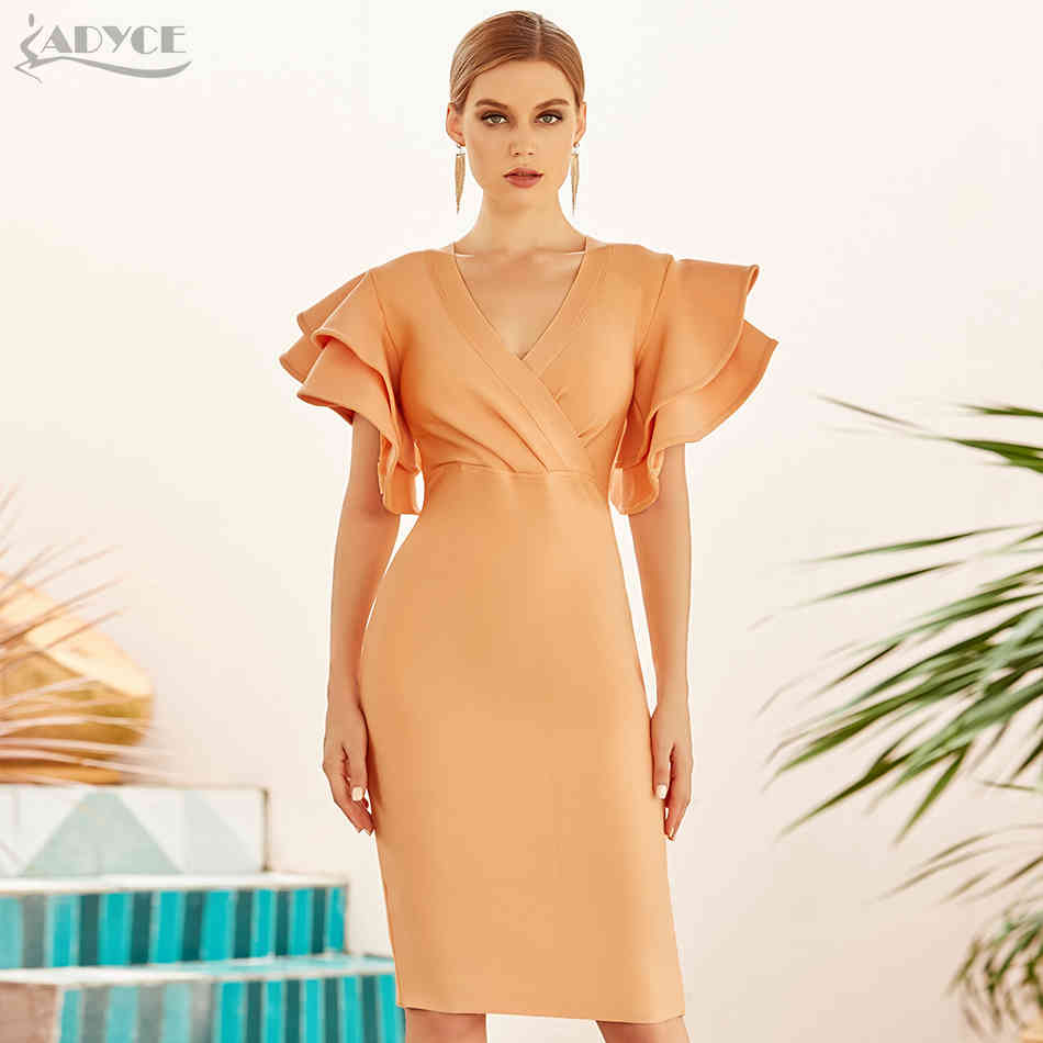 Summer Women Short Sleeve Bodycon Bandage Dress Sexy V Neck Ruffles Club Celebrity Evening Runway Party Dresses 210423