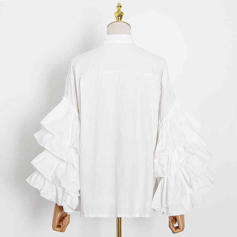 Patchwork Ruffle White Shirt For Women Stand Collar Long Sleeve Elegant Shirts Female Autumn Fashion 210524