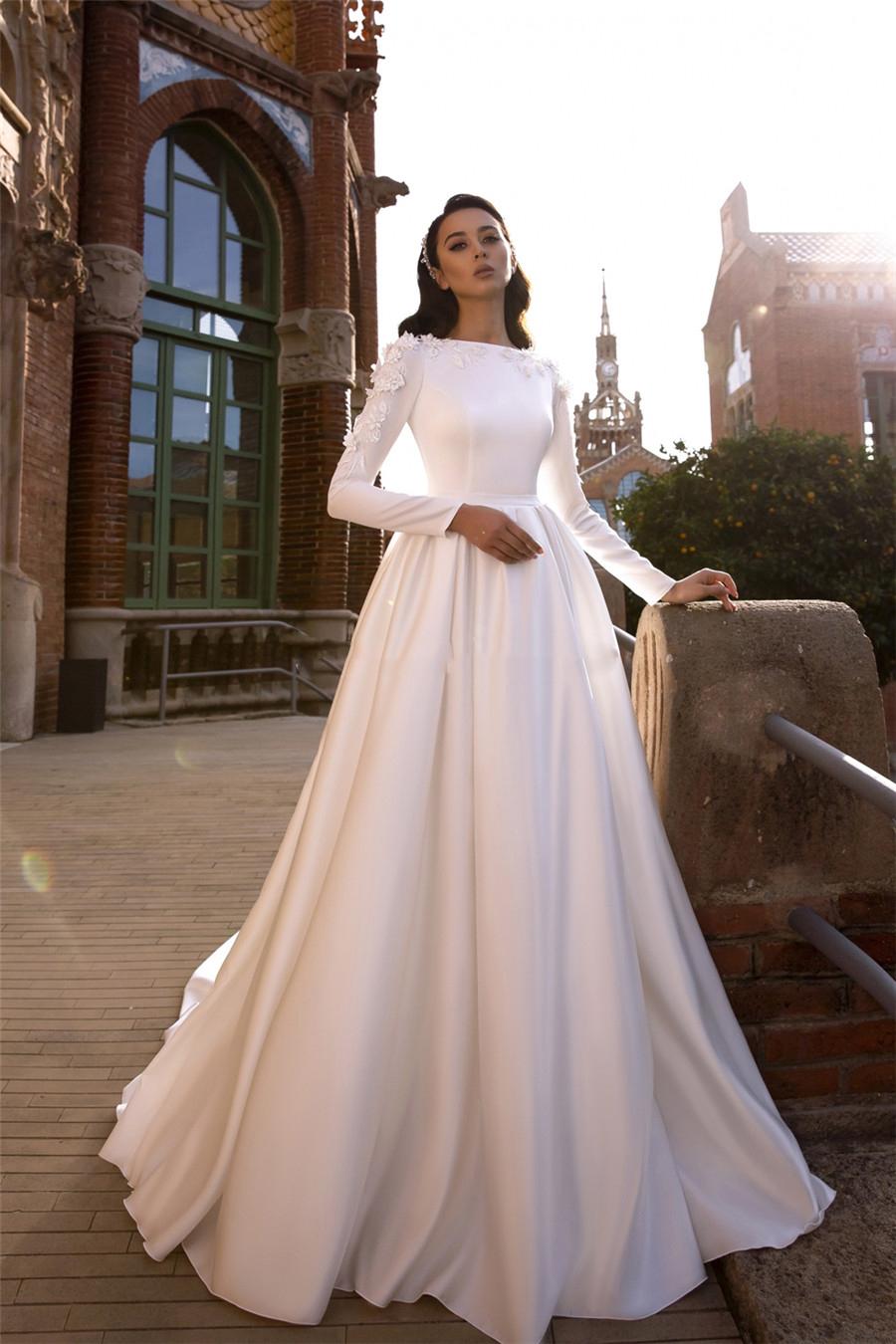 Elegant Muslim A Line Satin Wedding Dresses Autumn Bridal Gowns For Women 2021 Long Sleeves Appliques Lace Simple Bride Reception Dress Ivory White ro